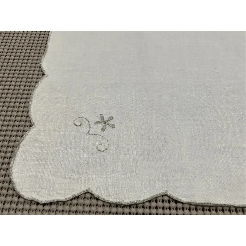 Cocktail Napkins Embroidered Scalloped Off-White Gray Silver Edge Set of 8